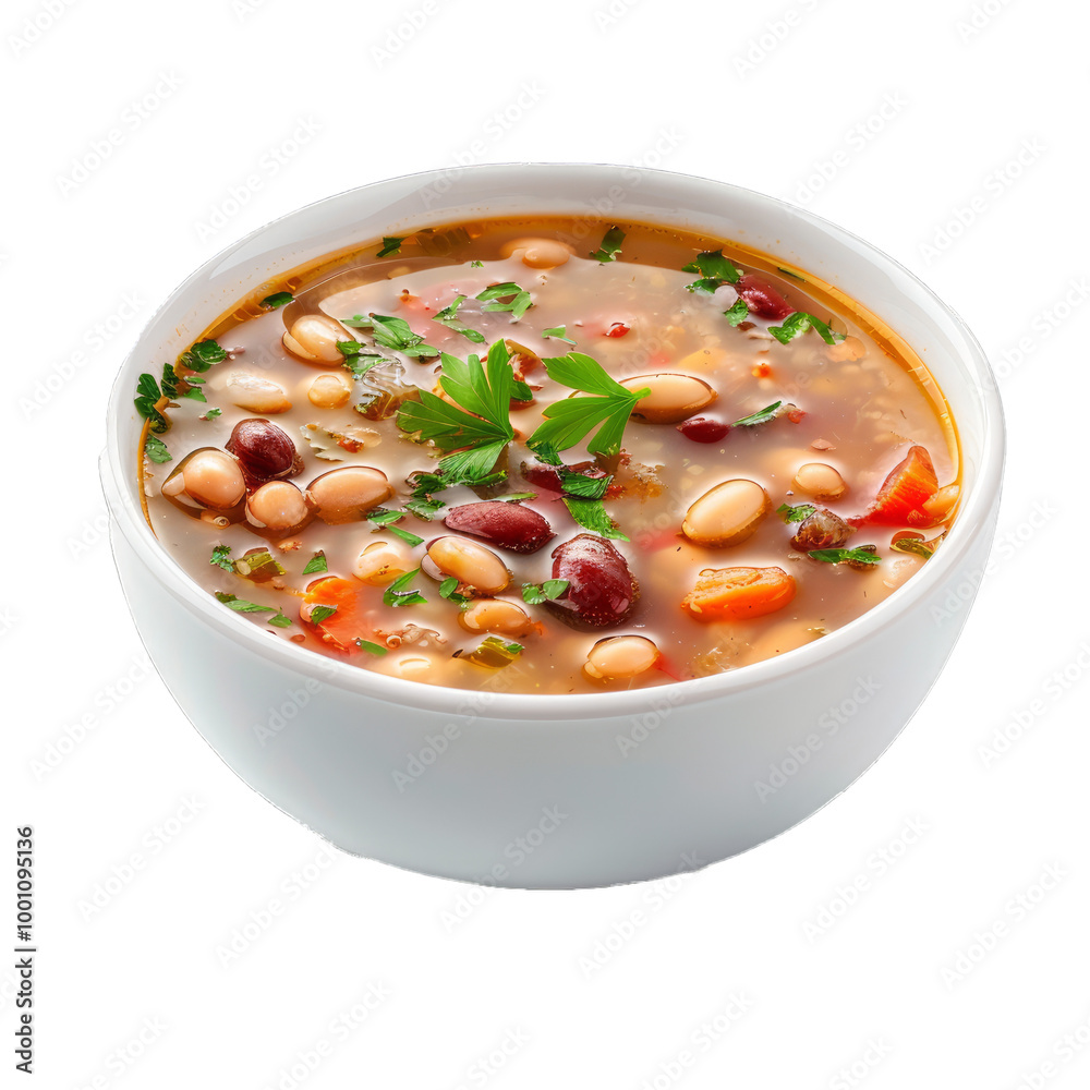 Hearty bean soup is served steaming hot in a white bowl, garnished with fresh parsley Hearty bean soup is served steaming hot in a white bowl, garnished with fresh parsley