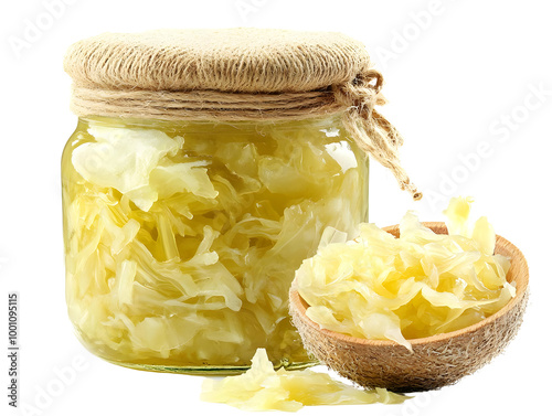 A jar of fermented cabbage with a rustic twine lid, accompanied by a bowl of sauerkraut on a white background.