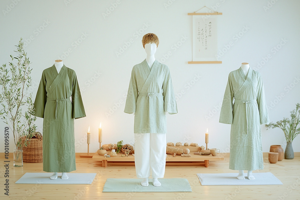 yoga-inspired clothing on abstract mannequins, arranged in a zen-like setting with natural elements yoga-inspired clothing on abstract mannequins, arranged in a zen-like setting with natural elements