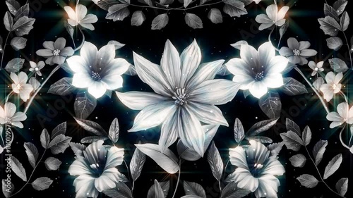 Animated Tropical black And White Flower, Leaf Background with particles
