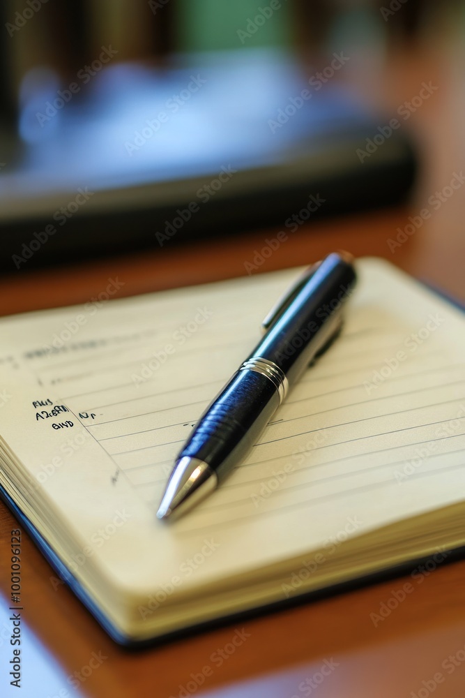A pen resting on a notepad with lined pages, suggesting a writing or planning activity. A pen resting on a notepad with lined pages, suggesting a writing or planning activity.