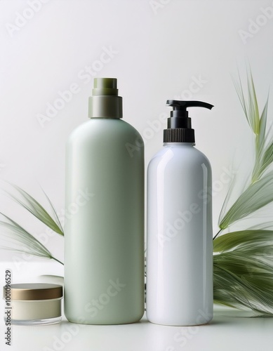 Minimalist Green and White Bottles with Palm Leaf on White Background