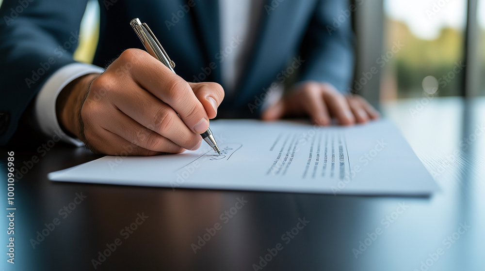 A businesspersons hand is signing document with pen, showcasing professionalism and attention to detail in modern office setting. focus on signature emphasizes importance of formal agreements A businesspersons hand is signing document with pen, showcasing professionalism and attention to detail in modern office setting. focus on signature emphasizes importance of formal agreements