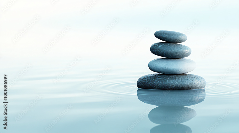 Zen stones stacked on water surface, creating beautiful concentric ripples Zen stones stacked on water surface, creating beautiful concentric ripples