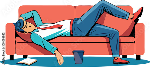 Exhausted businessman sleeping on a sofa after working day