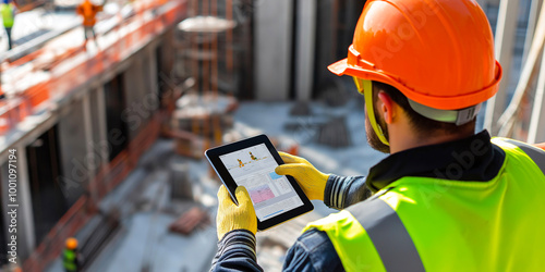 Construction workers on site in safety gear using tablet for project management. scene captures importance of technology in modern construction, ensuring safety and efficiency