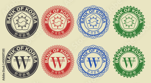 Vector graphic set of financial fictional seals of South Korea. Collection of round icons with five petals, Yin and Yang, won symbol, inscription in Korean means bank of Korea.
