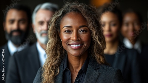 A woman with long hair is smiling and standing with a group of people