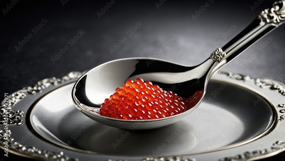 Red caviar in the glass jar on black slate background top view Red caviar in the glass jar on black slate background top view