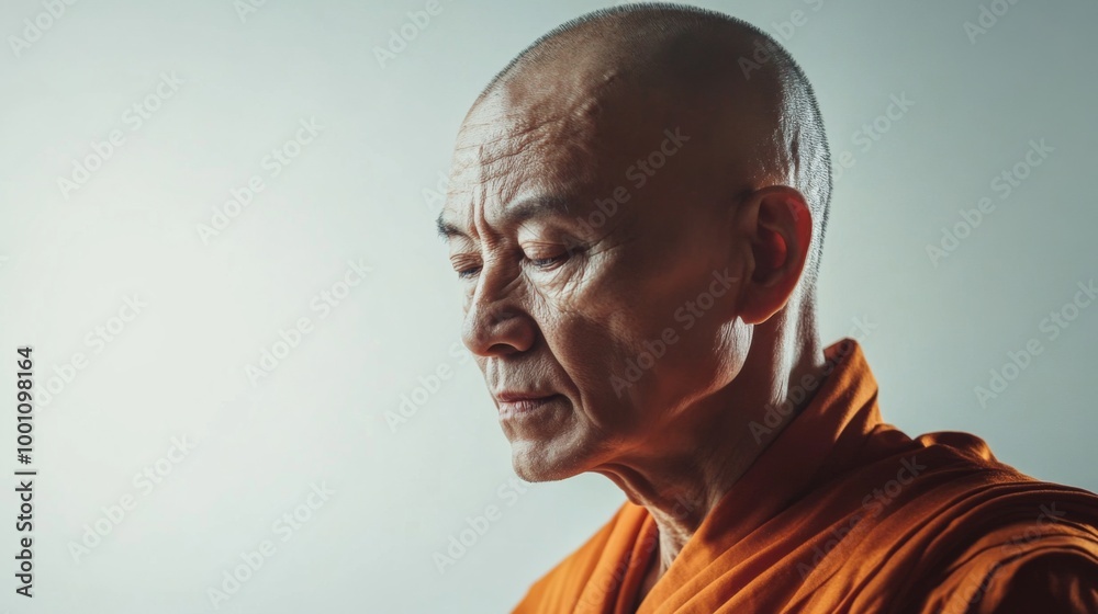 Image of a bald monk dressed in an orange robe standing against a light background, conveying serenity and simplicity associated with monastic life. Image of a bald monk dressed in an orange robe standing against a light background, conveying serenity and simplicity associated with monastic life.