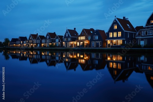 Charming canal-side town at night