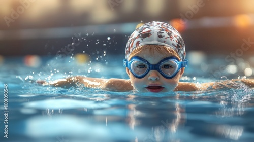 A young child with goggles and a patterned swim cap is energetically swimming in a sunlit pool, creating splashes, capturing the joy of childhood and water fun.