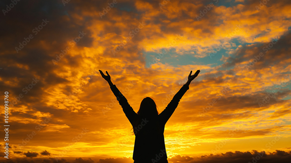 Woman raising her arms in celebration of a stunning sunset silhouette Woman raising her arms in celebration of a stunning sunset silhouette
