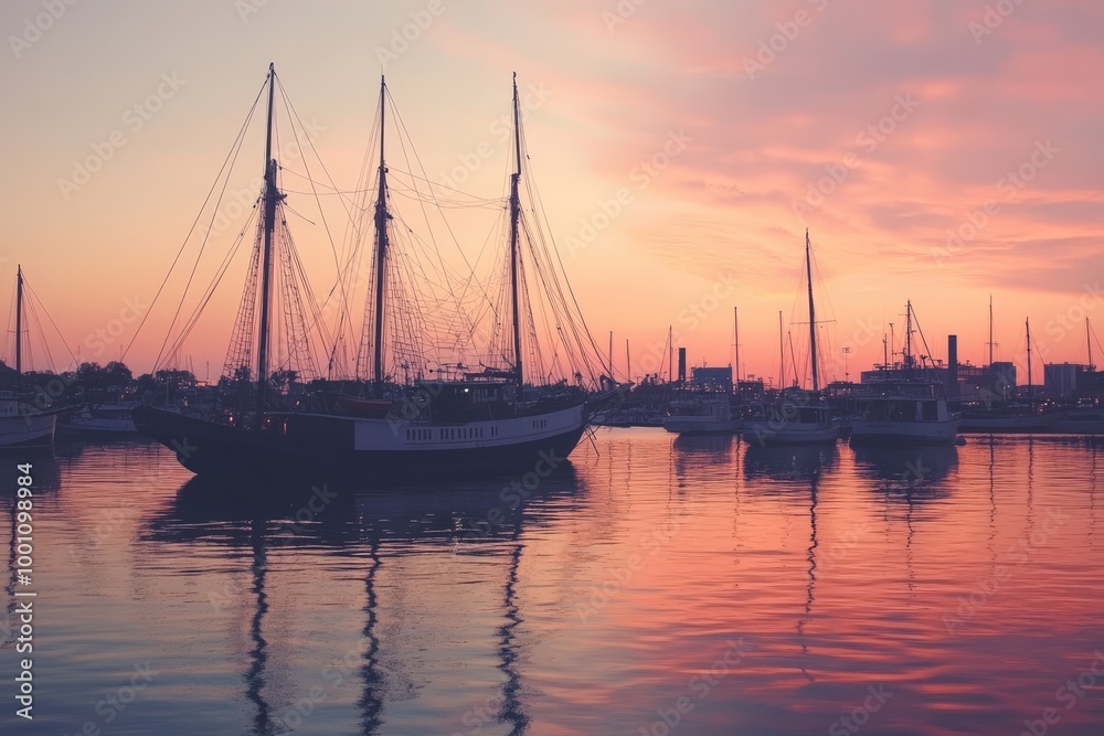 Sunset over the harbor with sailing ships Sunset over the harbor with sailing ships