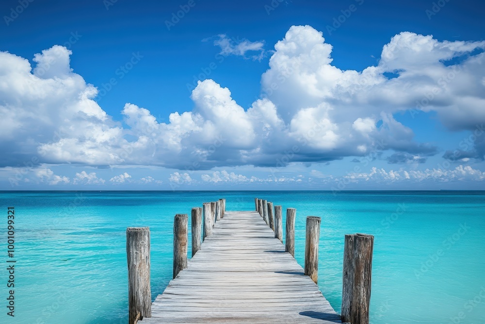 Serene tropical beach with wooden pier and turquoise waters Serene tropical beach with wooden pier and turquoise waters