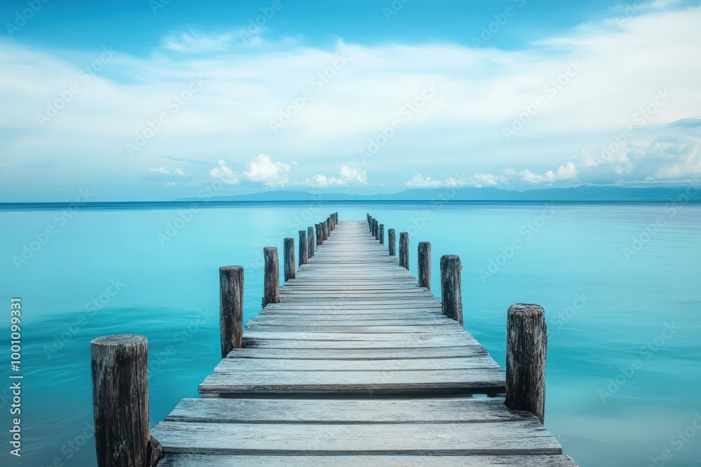 Serene wooden pier stretching into tranquil blue waters Serene wooden pier stretching into tranquil blue waters