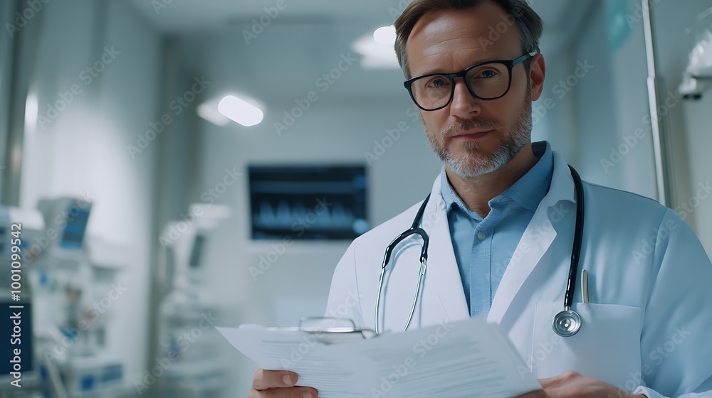 Portrait of a doctor checking medical charts while standing in front of a hospital diagnostic room. Portrait of a doctor checking medical charts while standing in front of a hospital diagnostic room.