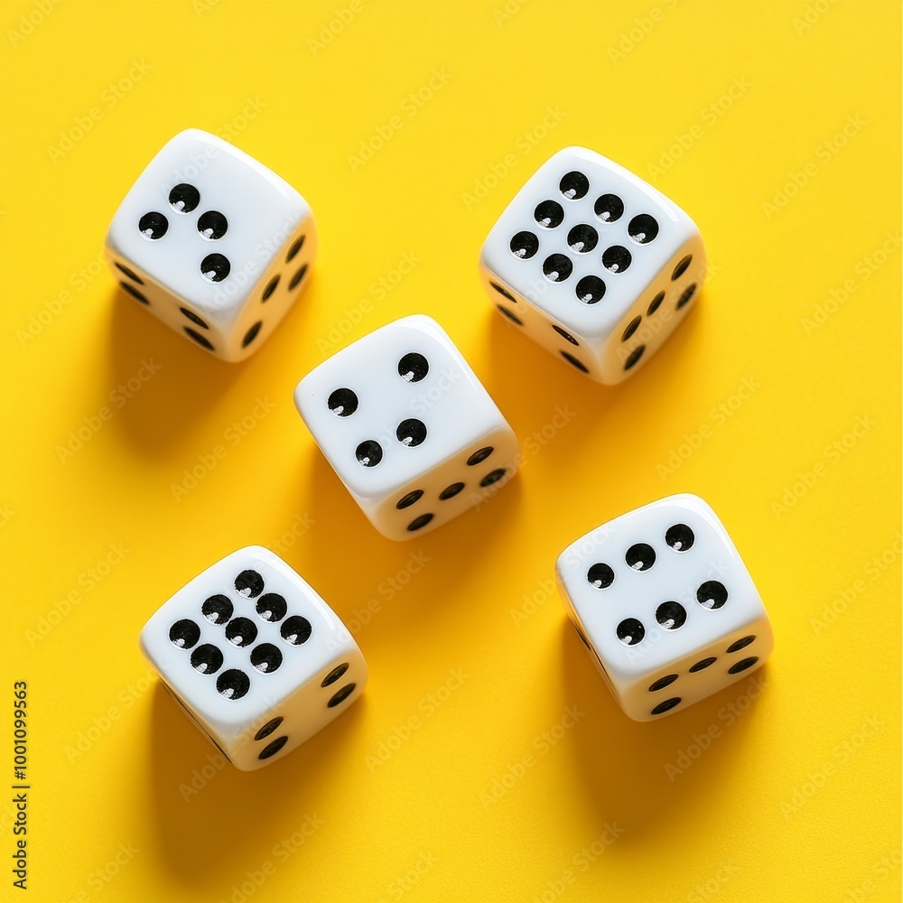 White dice on a yellow background. Top view. Copy space. White dice on a yellow background. Top view. Copy space.