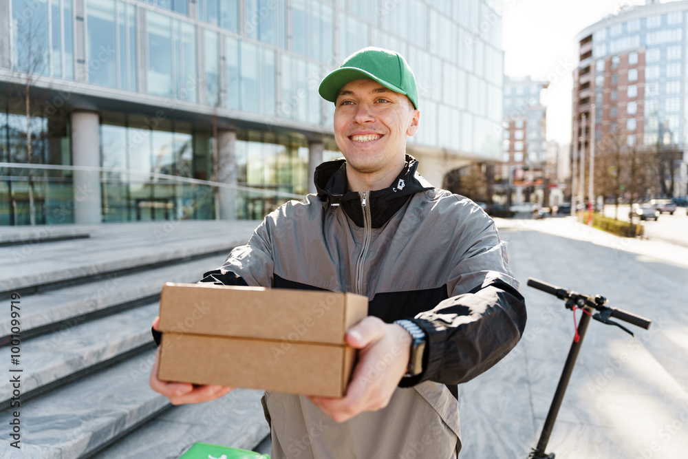 Delivery Person Smiling While Handing Over a Package in an Urban Setting on a Sunny Day Delivery Person Smiling While Handing Over a Package in an Urban Setting on a Sunny Day