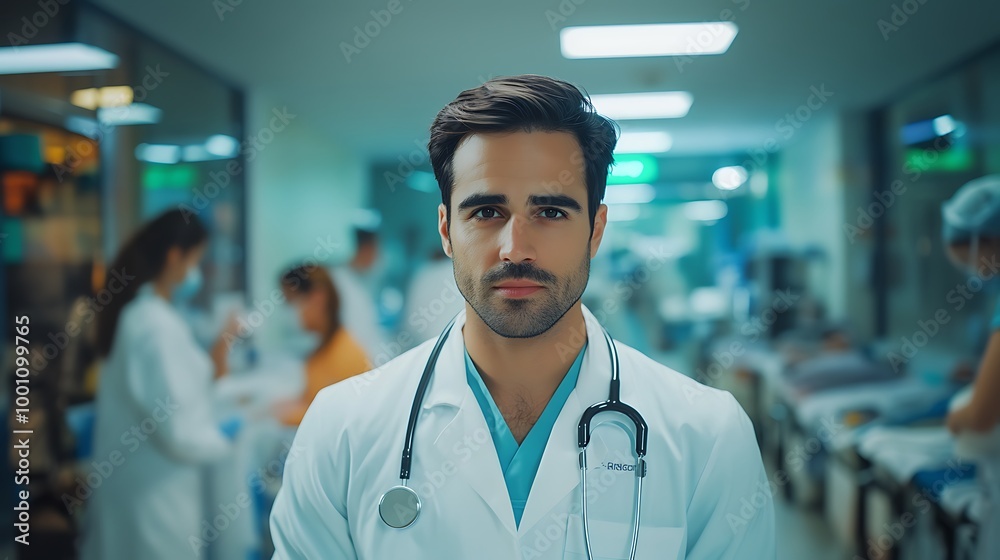 Portrait of a doctor in a busy emergency department, looking calm and composed amidst the activity. Portrait of a doctor in a busy emergency department, looking calm and composed amidst the activity.