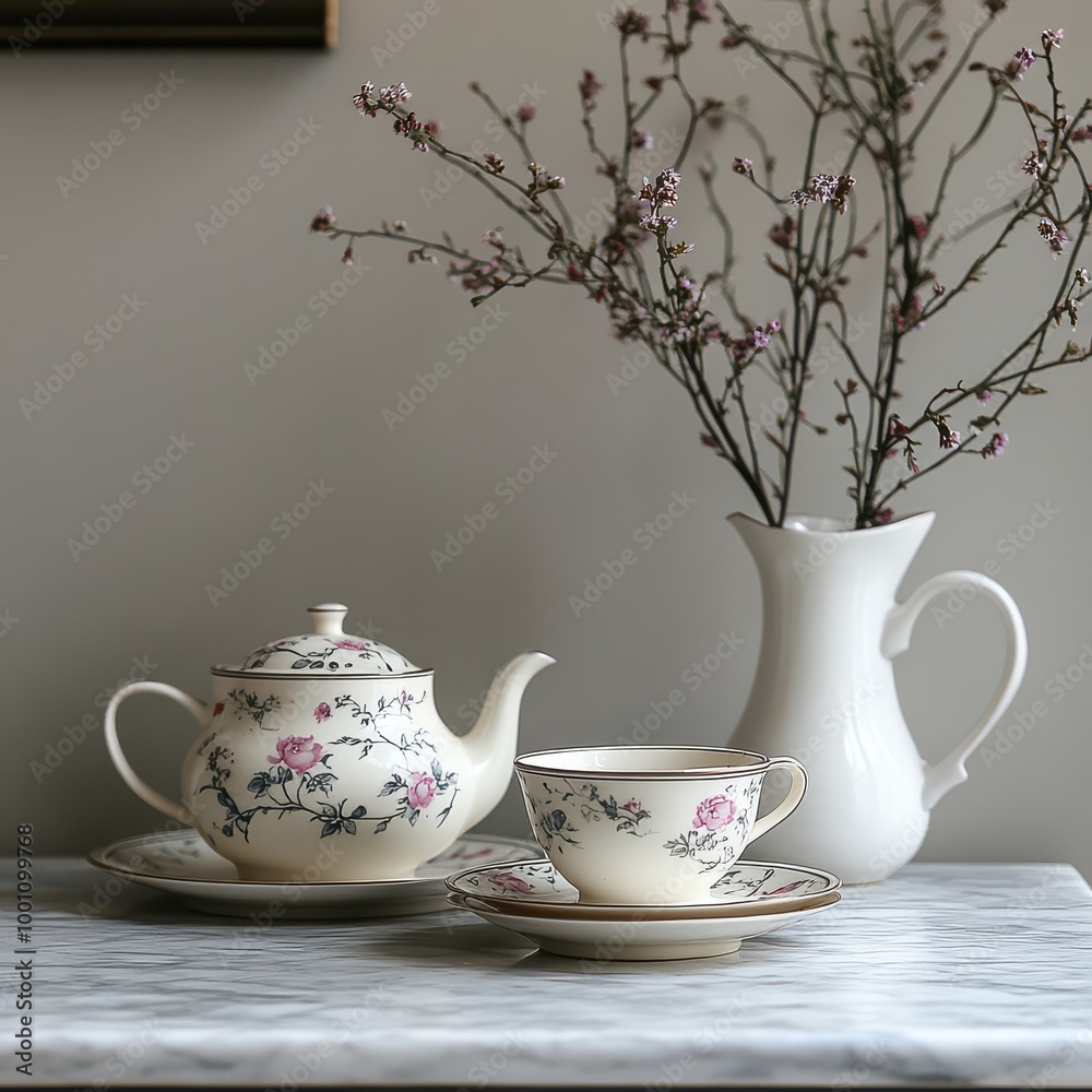 Fototapeta premium Cozy Afternoon Setting with Teacups and Framed Art