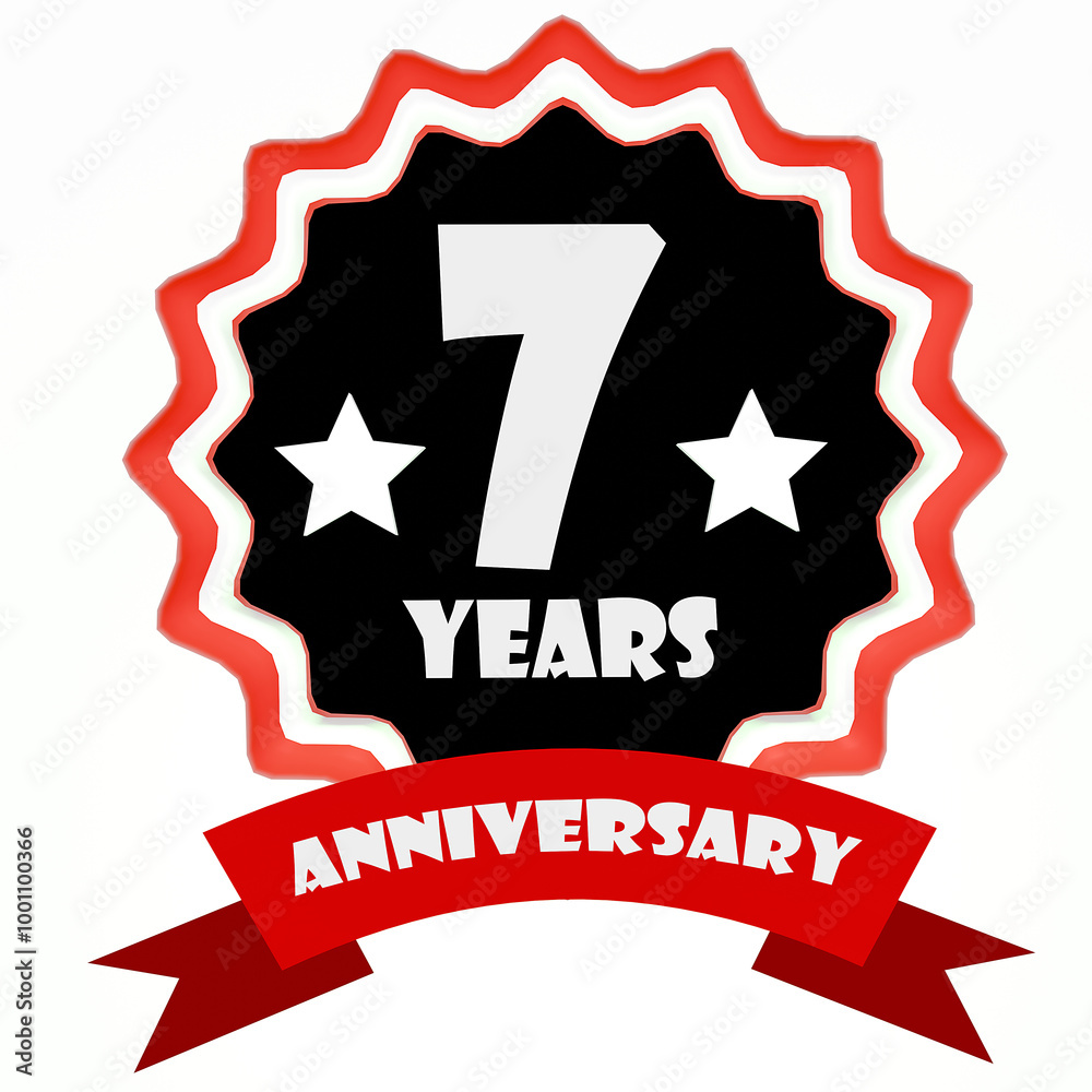 Celebrating 7 years anniversary label with red ribbon. 3d render. Celebrating 7 years anniversary label with red ribbon. 3d render.