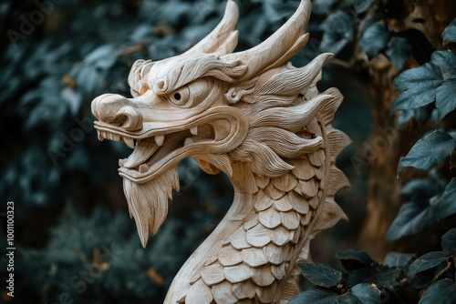 Intricate wooden dragon sculpture in nature