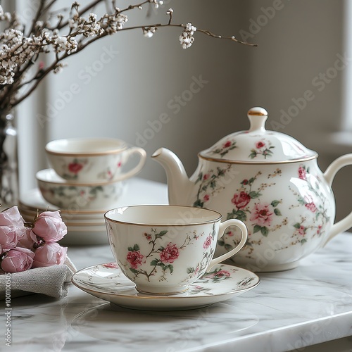 Traditional Afternoon Tea Set with Floral Accents on Marble Countertop.