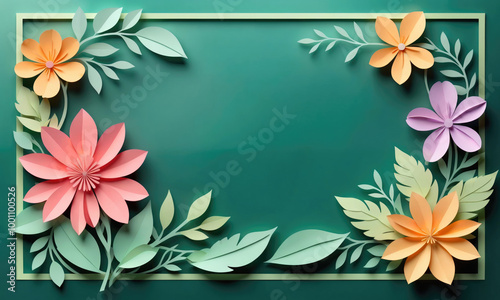 Paper flowers and leaves create a beautiful border on a green background