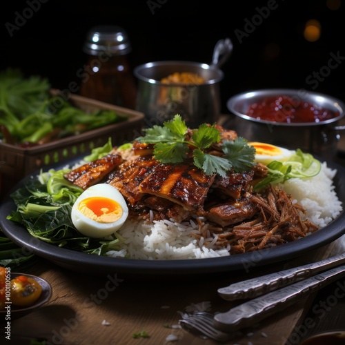 nasi lemak, a malaysian cuisine consisting of fragrant whice rice cooked in coconut milk, loaded with condiments of hard boiled eggs, deep fried anchovies, meat, sliced cucumbers  photo