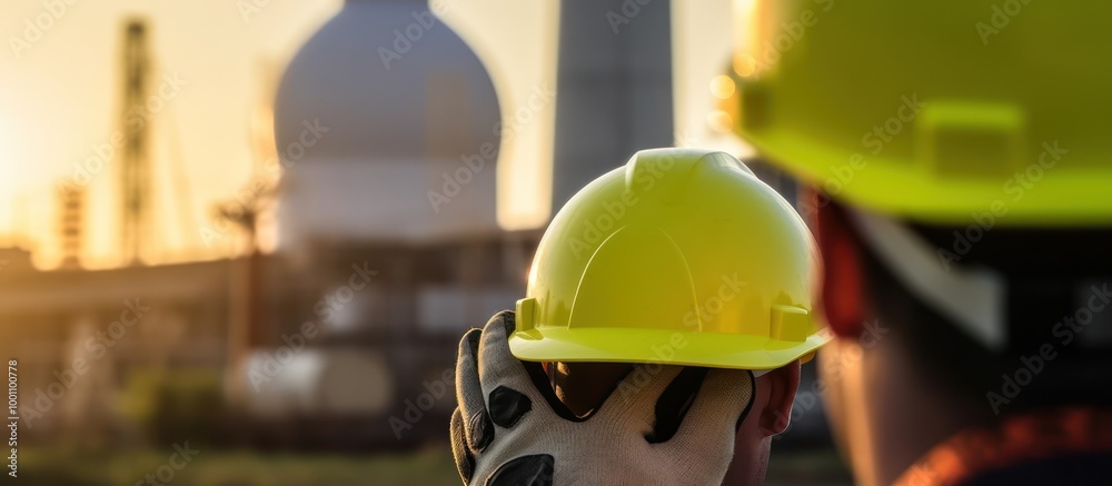 Construction Worker in Yellow Hard Hat Against a Blurry Industrial Background Construction Worker in Yellow Hard Hat Against a Blurry Industrial Background