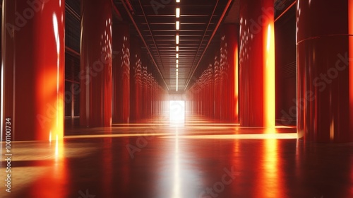 Futuristic red hallway with bright lights