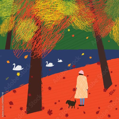 A colorful autumn scene with an old lady and a her dog walking in a park