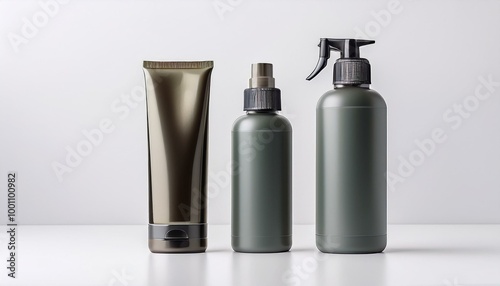 Set of Three Matte Black Cosmetic Bottles Mockup on White Background