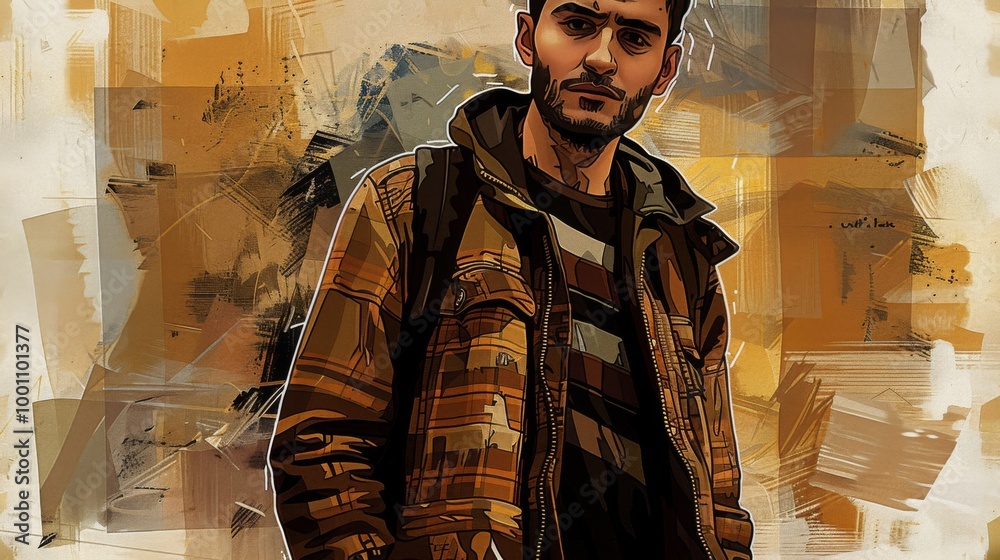 A stylish young man stands confidently in a plaid jacket, set against a dynamic, abstract urban background with warm brown and orange tones, evoking modern energy. A stylish young man stands confidently in a plaid jacket, set against a dynamic, abstract urban background with warm brown and orange tones, evoking modern energy.