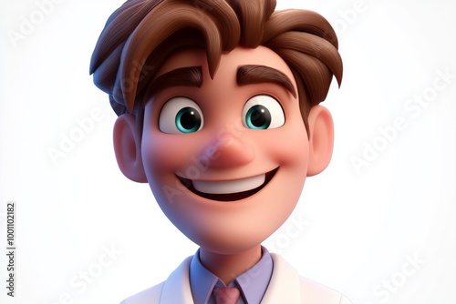 A cartoon character with distinctive brown hair wearing a white coat and a tie. The character seems to be depicted with a friendly and professional demeanor. photo