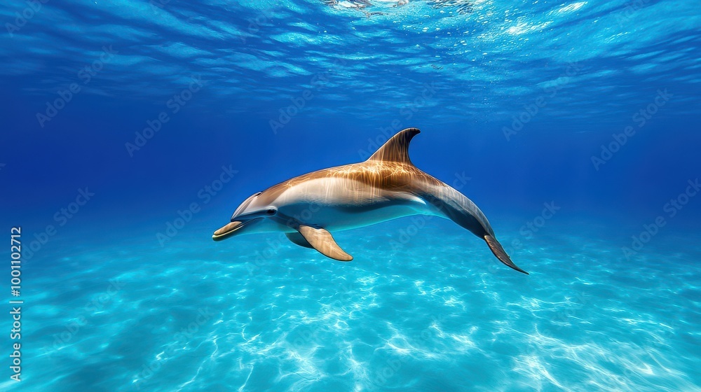 Fototapeta premium Underwater Serenity: A Dolphin's Gentle Swim Amidst Crystal Blue Waters