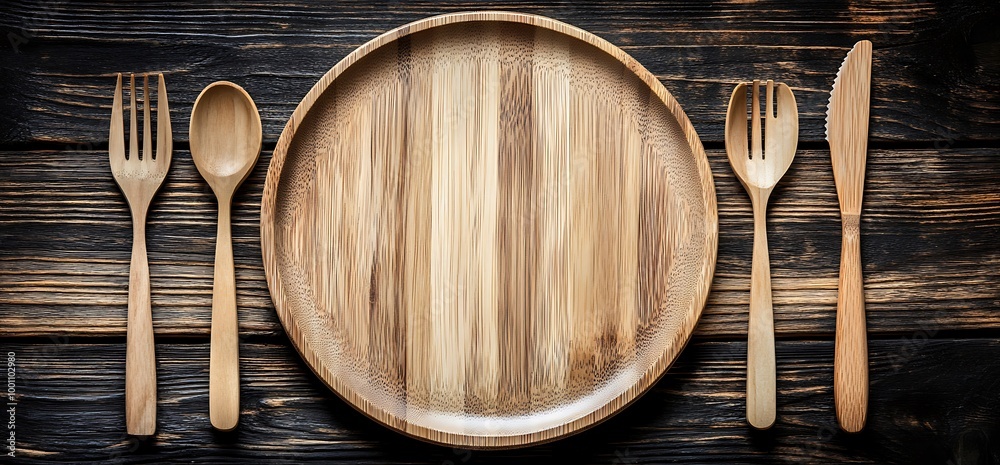 Wooden Plate and Utensils on Rustic Table. Wooden Plate and Utensils on Rustic Table.