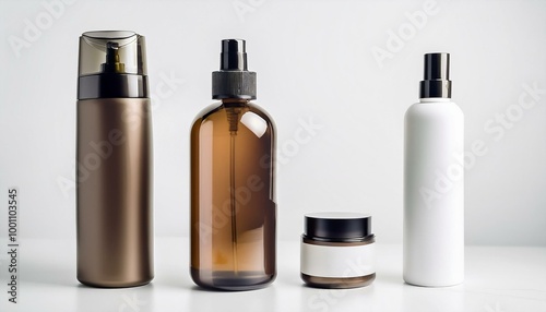 Bottles of skin care products on a white background