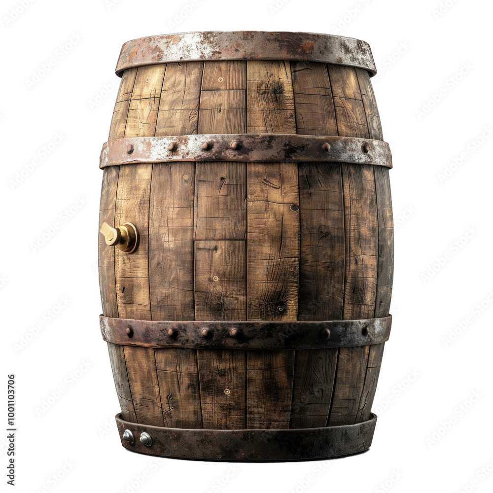 Obraz premium Old and weathered wooden barrel with iron rings and tap standing on white background