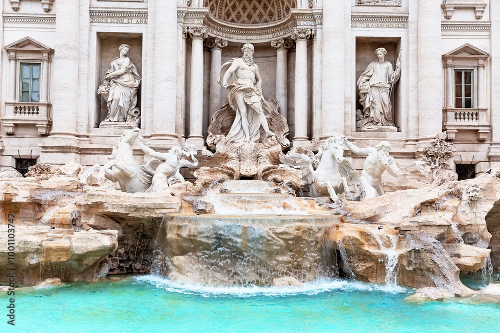 Amazing view of the Trevi Fountain in Rome. Trevi Fountain or Fontana di Trevi. Amazing view of the Trevi Fountain in Rome. Trevi Fountain or Fontana di Trevi.