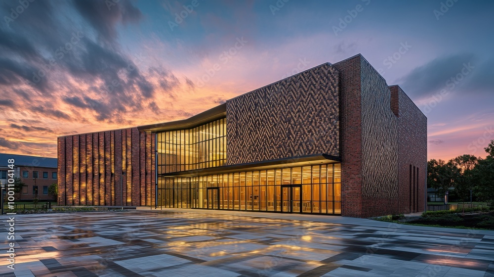 A contemporary auditorium's exterior captured at twilight, showcasing its unique design with a patterned brick facade under the soft, colorful sky. A contemporary auditorium's exterior captured at twilight, showcasing its unique design with a patterned brick facade under the soft, colorful sky.