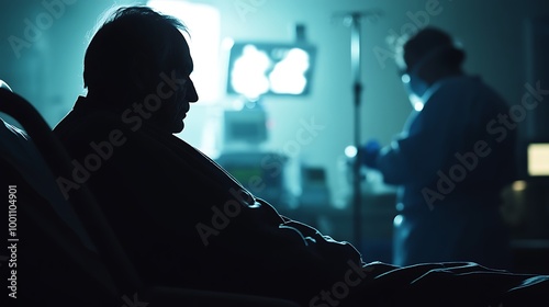 The fragile silhouette of an old man on a hospital bed, with medical staff in the background preparing equipment.