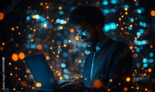 Business Professional Using Laptop Amidst a Dynamic Digital Information Network at Night Illustrates Data Connectivity, Technology, and Innovation, Generative AI