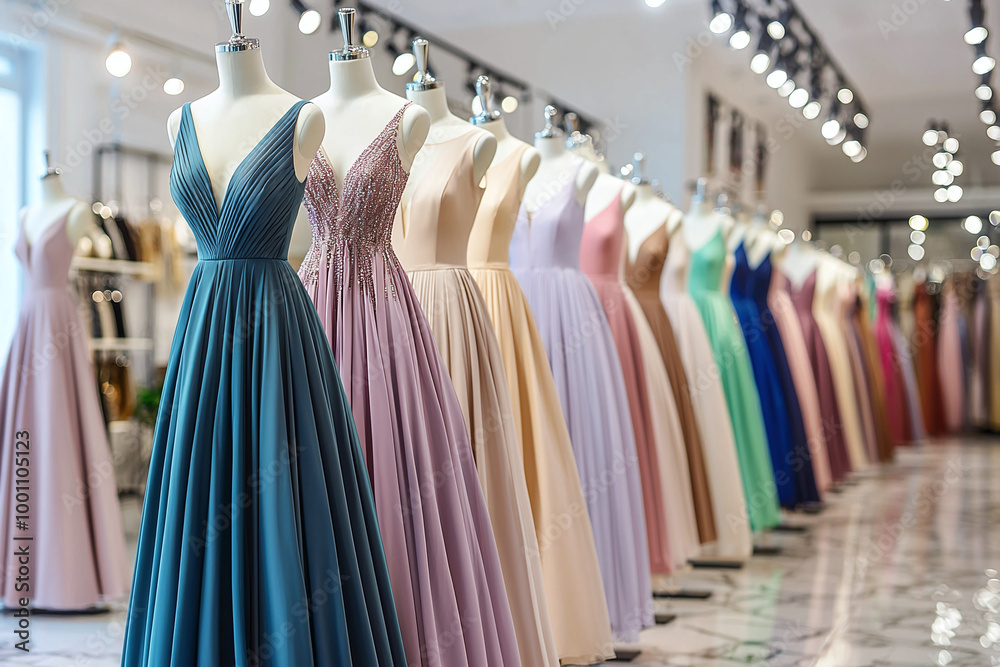 a row of elegant floor-length gowns in muted jewel tones displayed on mannequins in a high-end boutique a row of elegant floor-length gowns in muted jewel tones displayed on mannequins in a high-end boutique