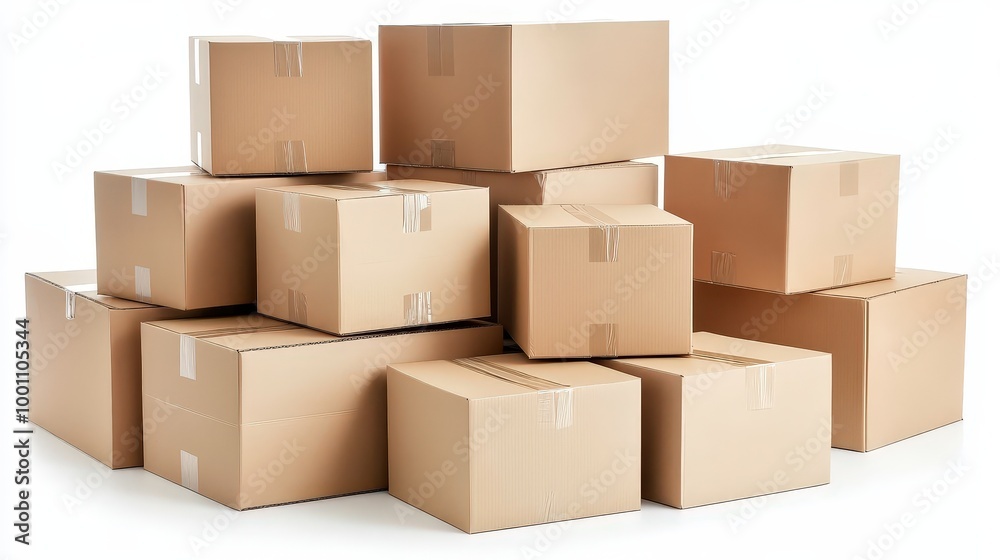 Fototapeta premium Stacked Light Brown Cardboard Boxes of Various Sizes