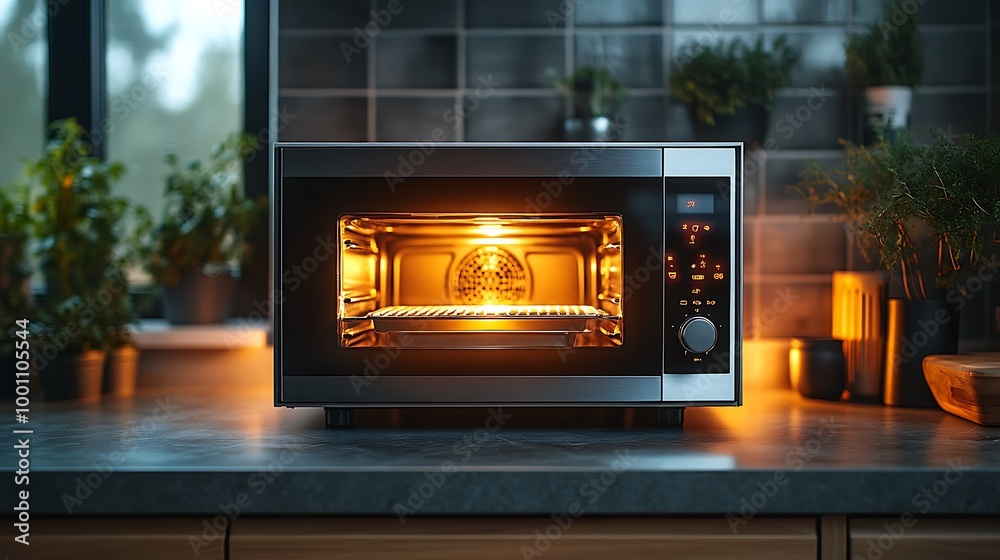 Modern oven with light on in a kitchen. Modern oven with light on in a kitchen.