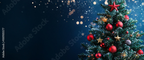 A Christmas tree adorned with decorations against an abstract background