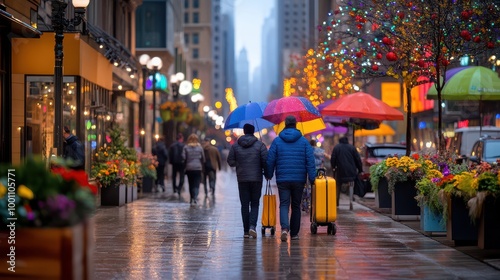 City Life Unfolds: People Pursuing Daily Routines Under Rainy Evening Streetlights with Vibrant Umbrellas and Illuminated Storefronts Reflecting City Mood. photo