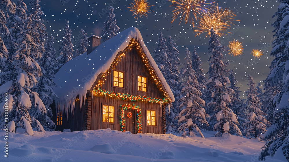 Cozy snow-covered cabin in a winter forest, decorated with Christmas lights. Fireworks light up the sky, creating a festive holiday scene, perfect for Christmas and New Year themes.
